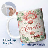 Personalized Custom Name Coral Protea Flowers with Green Leaves Seamless Botanical Pattern 11oz Ceramic Coffee Tea Mug White Large Handle