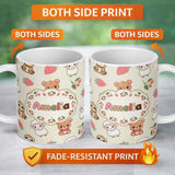 Personalized Custom Name Cute Bear Sloth Lamb Cherry Strawberry Seamless Pattern on Cream 11oz Ceramic Coffee Tea Mug White Large Handle