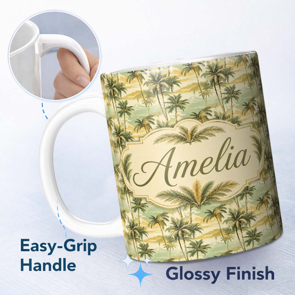 Personalized Custom Name Tropical Coastal Landscape with Palm Trees and Ocean Scene Pattern 11oz Ceramic Coffee Tea Mug White Large Handle