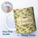 Personalized Custom Name Tropical Coastal Landscape with Palm Trees and Ocean Scene Pattern 11oz Ceramic Coffee Tea Mug White Large Handle
