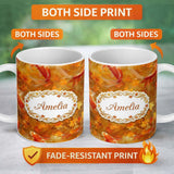 Personalized Custom Name Autumn Koi Fish with Golden Maple Leaves Pattern Warm Watercolor 11oz Ceramic Coffee Tea Mug White Large Handle