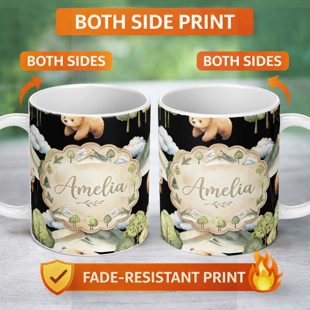 Personalized Custom Name Watercolor Bear Forest Mountain Scenic Seamless Pattern Lovely 11oz Ceramic Coffee Tea Mug White Large Handle