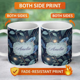 Personalized Custom Name Blue Floral Night Sky Botanical Stars Seamless Pattern Lovely 11oz Ceramic Coffee Tea Mug White Large Handle