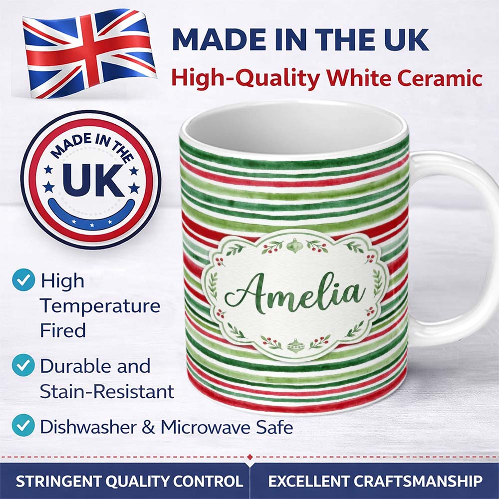 Personalized Custom Name Hand Painted Red Green Horizontal Stripe Pattern Christmas Design 11oz Ceramic Coffee Tea Mug White Large Handle