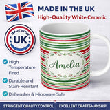 Personalized Custom Name Hand Painted Red Green Horizontal Stripe Pattern Christmas Design 11oz Ceramic Coffee Tea Mug White Large Handle