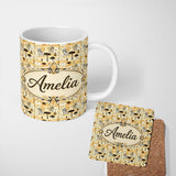 Personalized Custom Name Minimalist African Savanna Pattern with Trees Wildlife and Village 11oz Ceramic Coffee Tea Mug White Large Handle
