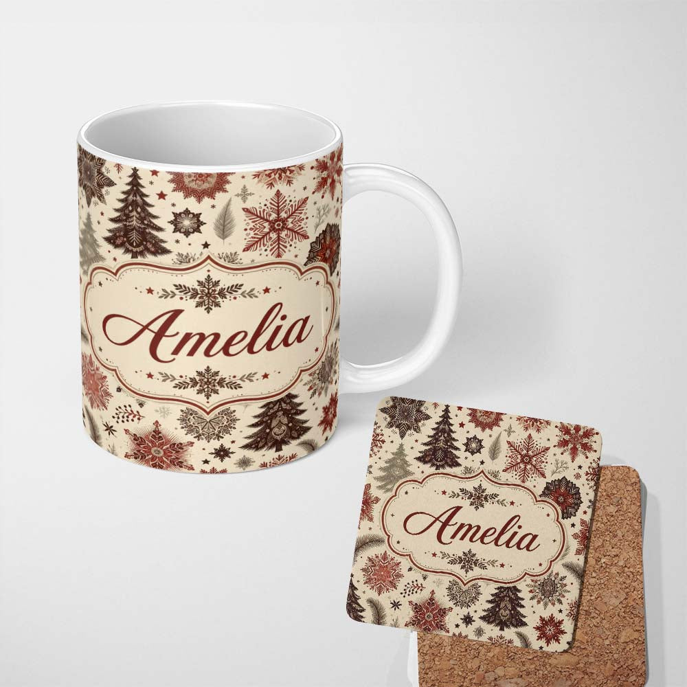 Personalized Custom Name Elegant Snowflake Winter Pattern Pine Trees Red Neutral Seamless 11oz Ceramic Coffee Tea Mug White Large Handle