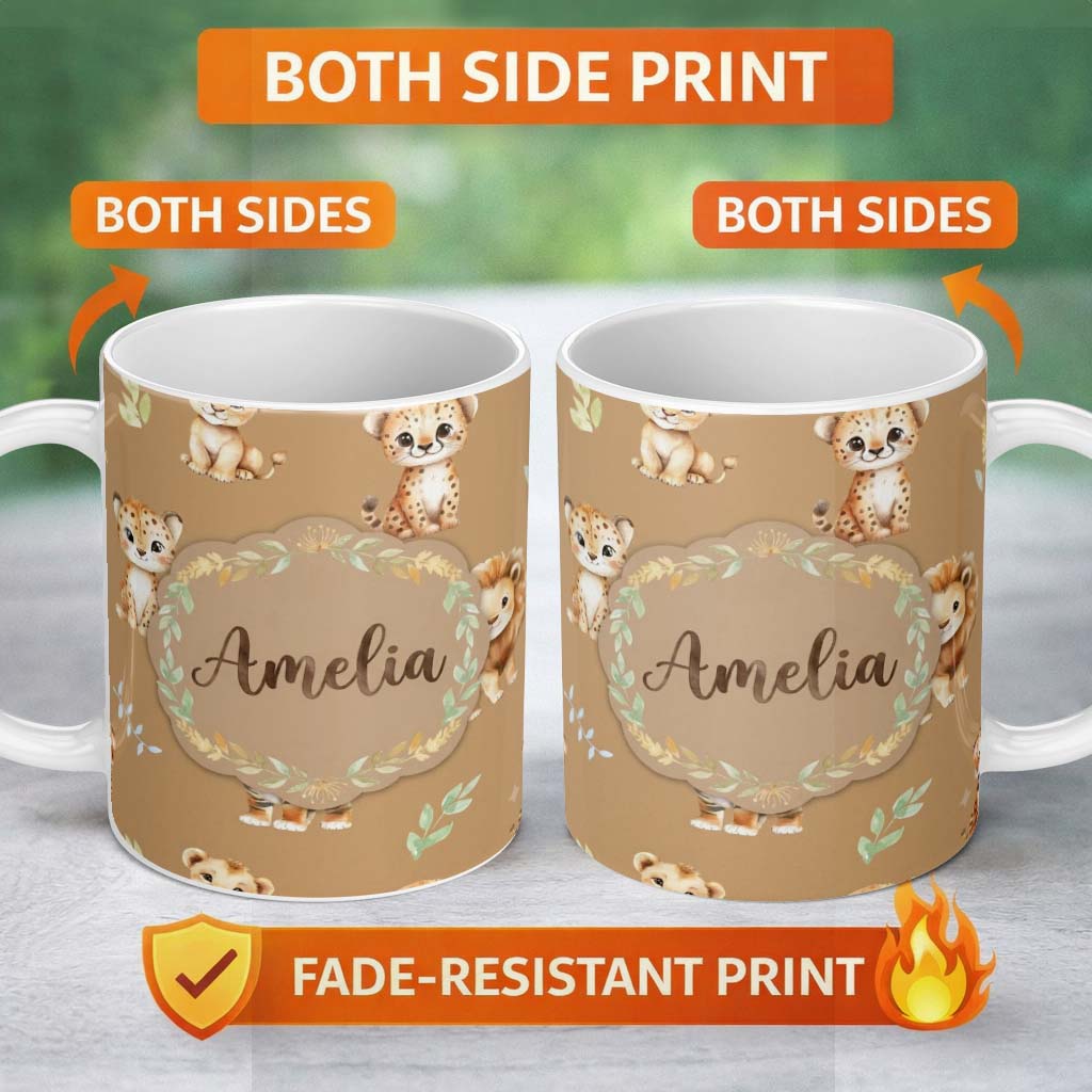 Personalized Custom Name Baby Safari Animals Leopard Tiger Lion on Warm Brown Seamless 11oz Ceramic Coffee Tea Mug White Large Handle