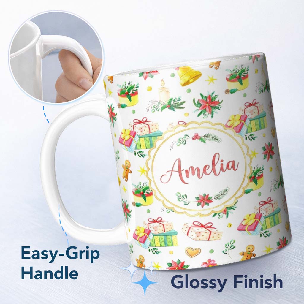 Personalized Custom Name Watercolor Christmas Gifts Candle Poinsettia Seamless Pattern Lovely 11oz Ceramic Coffee Tea Mug White Large Handle