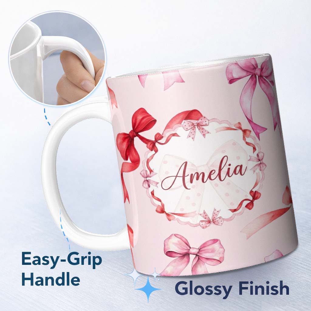 Personalized Custom Name Watercolor Ribbon Bow Seamless Pattern on Soft Blue Background 11oz Ceramic Coffee Tea Mug White Large Handle