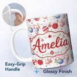 Personalized Custom Name Colorful Christmas Baubles Garland Ornament Seamless Pattern Lovely 11oz Ceramic Coffee Tea Mug White Large Handle