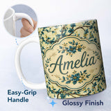 Personalized Custom Name Elegant Blue Floral Branches on Cream Background Seamless Pattern 11oz Ceramic Coffee Tea Mug White Large Handle