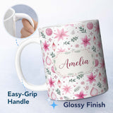 Personalized Custom Name Soft Pink Floral Christmas Elements Ornaments Seamless Pattern 11oz Ceramic Coffee Tea Mug White Large Handle