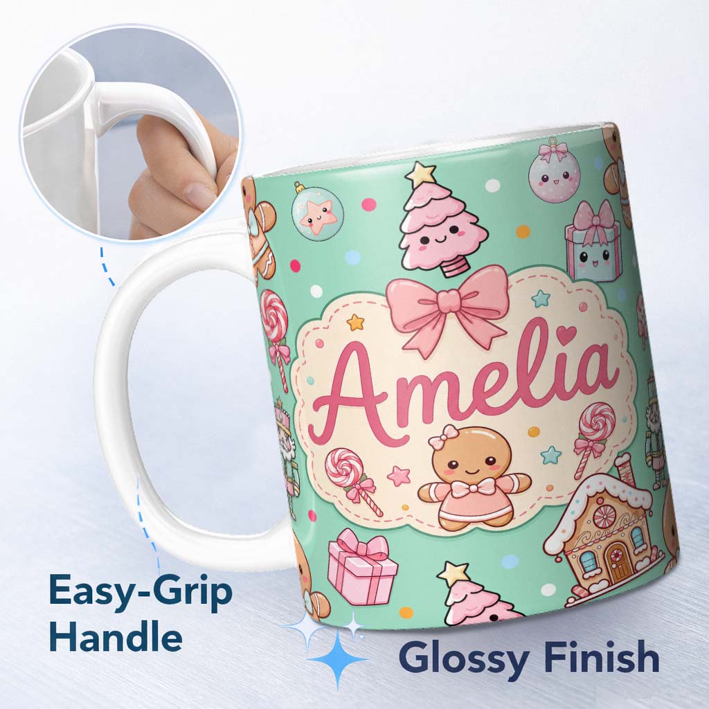 Personalized Custom Name Cute Christmas Gingerbread Candy Gift House Seamless Pattern Green 11oz Ceramic Coffee Tea Mug White Large Handle
