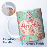 Personalized Custom Name Cute Christmas Gingerbread Candy Gift House Seamless Pattern Green 11oz Ceramic Coffee Tea Mug White Large Handle