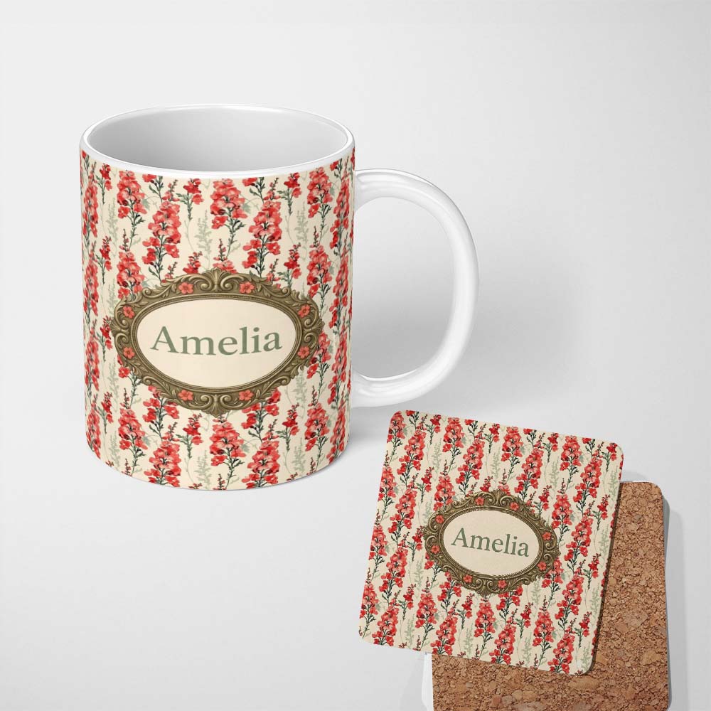 Personalized Custom Name Soft Coral Floral Vertical on Neutral Background Elegant Botanical 11oz Ceramic Coffee Tea Mug White Large Handle