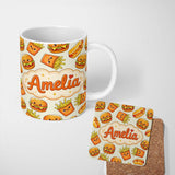 Personalized Custom Name Kawaii Burger Fries Hotdog Fast Food Light Cream Seamless Pattern 11oz Ceramic Coffee Tea Mug White Large Handle
