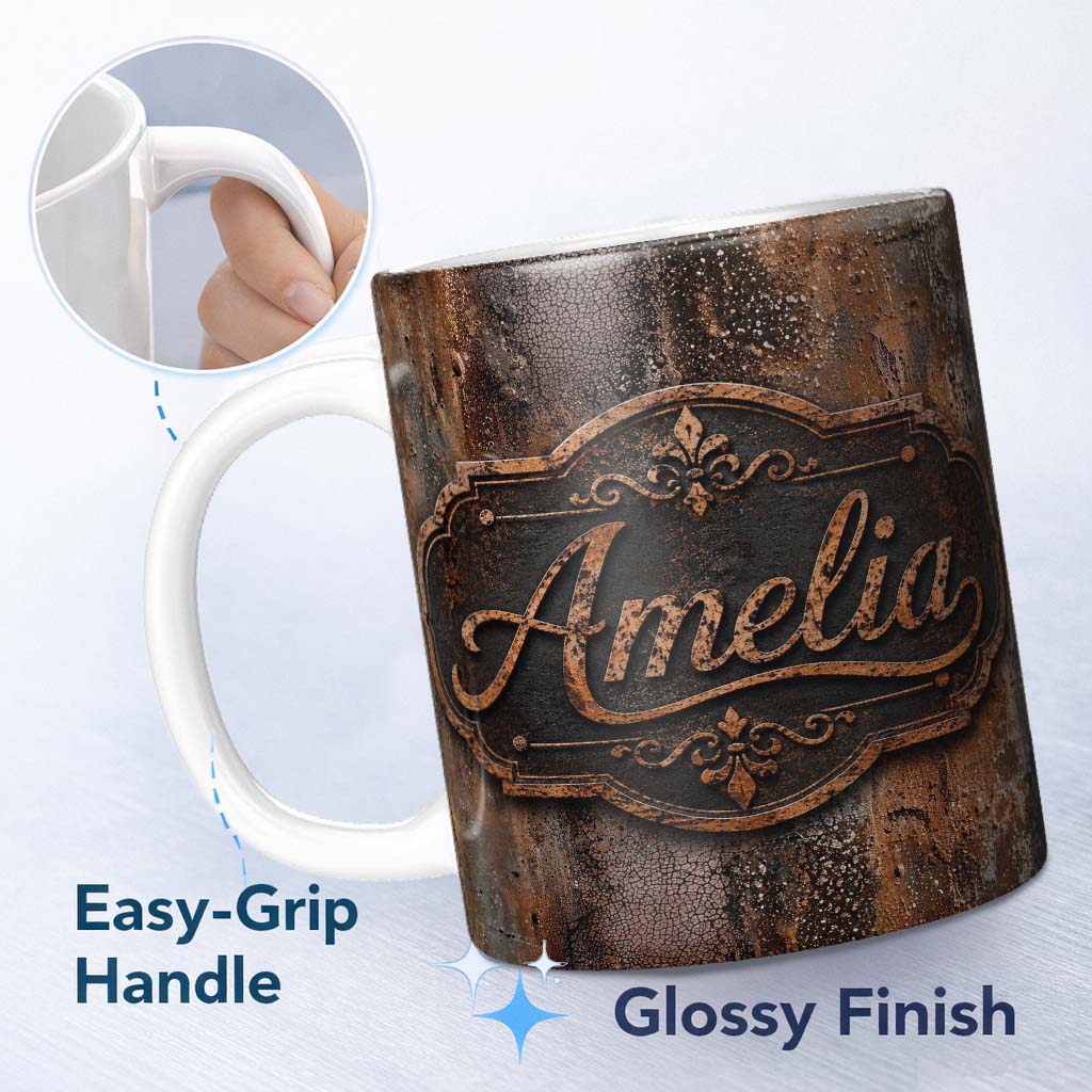 Personalized Custom Name Distressed Rust Metal Surface Texture Dark Brown Grunge Seamless 11oz Ceramic Coffee Tea Mug White Large Handle