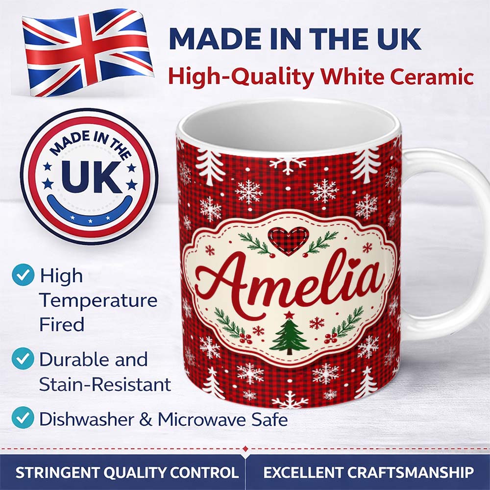 Personalized Custom Name Cute Red Nordic Snowflake Christmas Tree Festive Seamless Pattern 11oz Ceramic Coffee Tea Mug White Large Handle