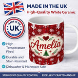 Personalized Custom Name Cute Red Nordic Snowflake Christmas Tree Festive Seamless Pattern 11oz Ceramic Coffee Tea Mug White Large Handle