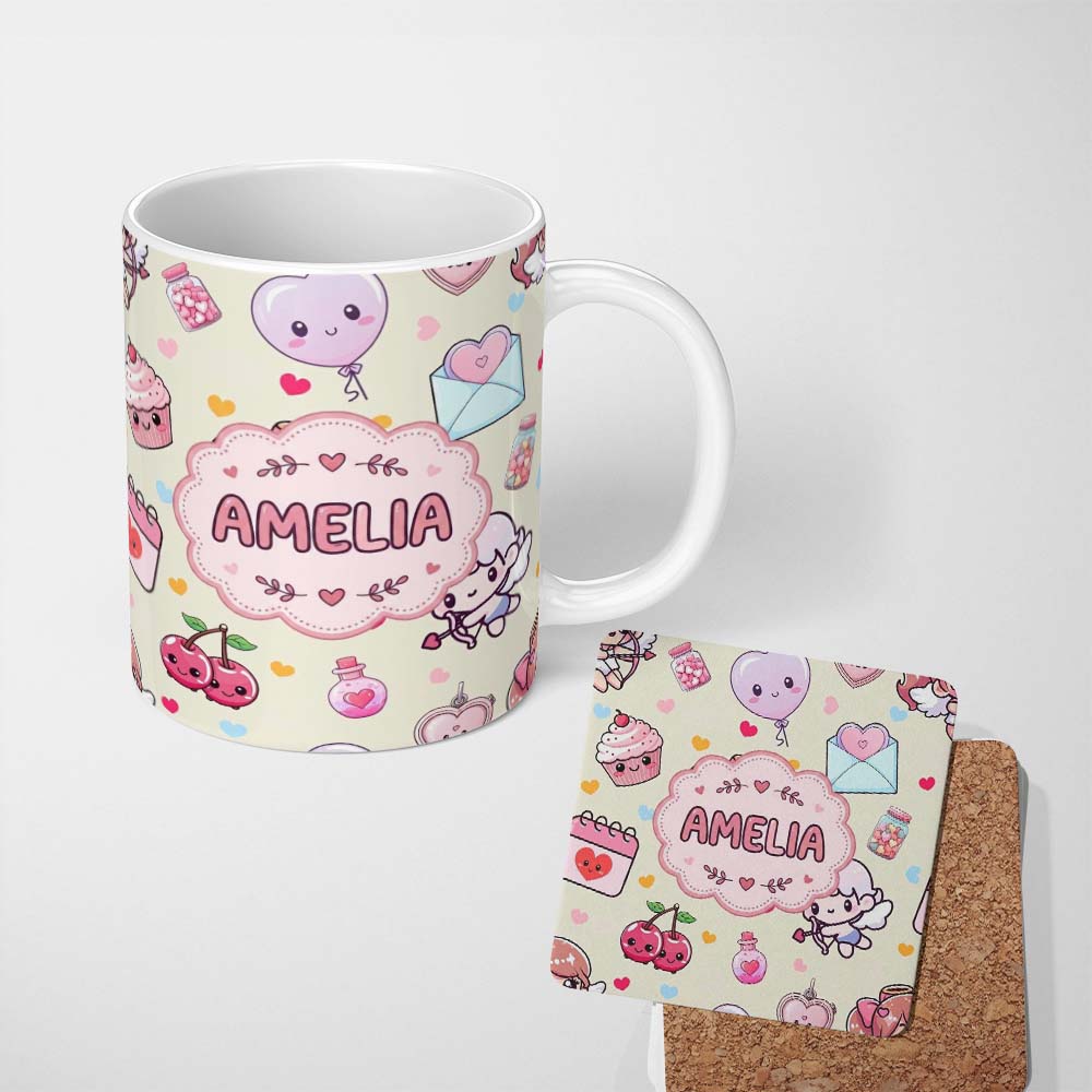 Personalized Custom Name Cute Cupid Angels Hearts Sweets Balloon Love Elements Pattern Beige 11oz Ceramic Coffee Tea Mug White Large Handle