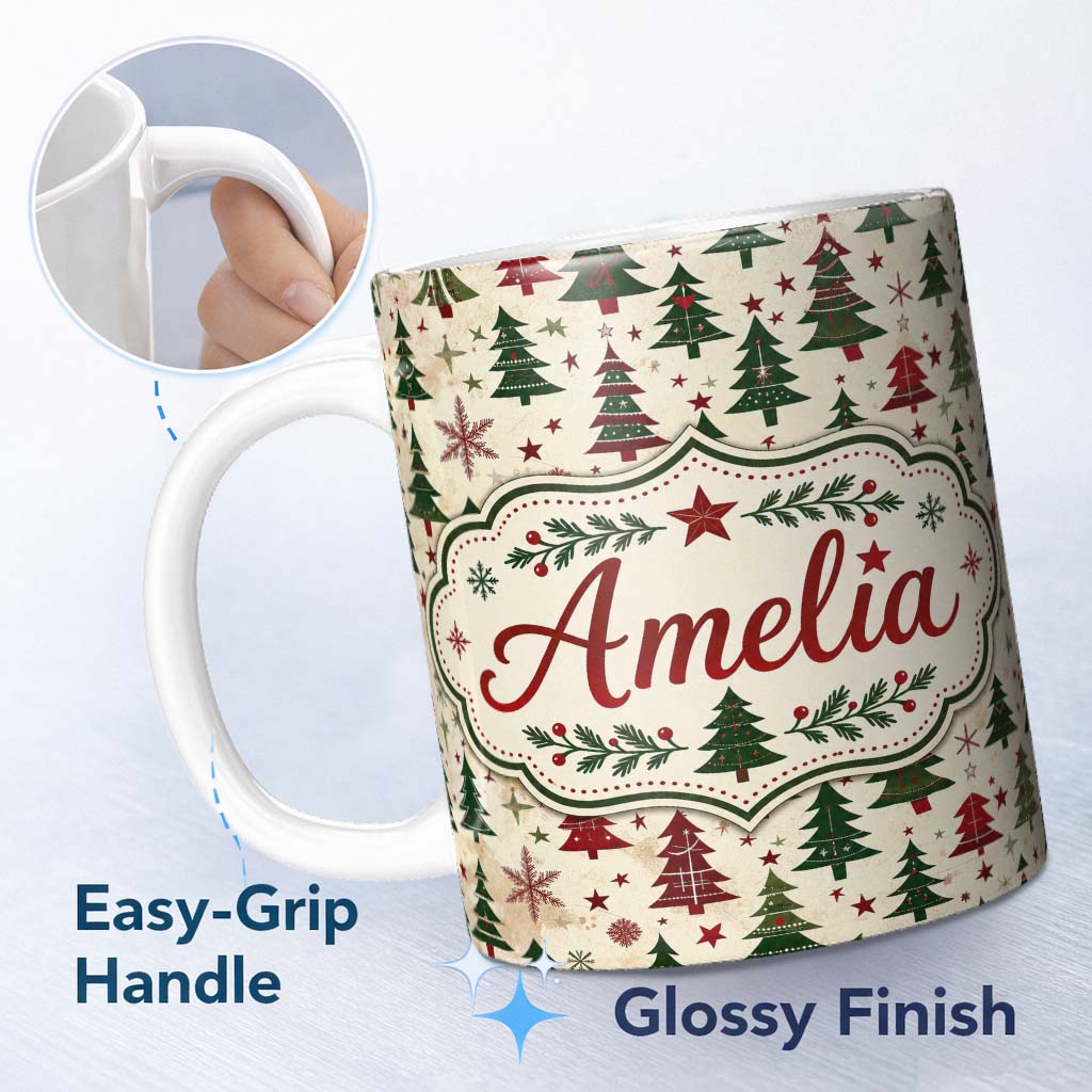 Personalized Custom Name Classic Holiday Trees with Red Stars and Snowflakes Vintage Seamless 11oz Ceramic Coffee Tea Mug White Large Handle