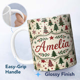 Personalized Custom Name Classic Holiday Trees with Red Stars and Snowflakes Vintage Seamless 11oz Ceramic Coffee Tea Mug White Large Handle