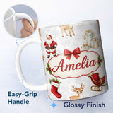 Personalized Custom Name Cute Christmas Santa Reindeer Sleigh Gift Seamless Pattern Lovely 11oz Ceramic Coffee Tea Mug White Large Handle
