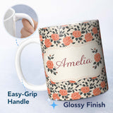 Personalized Custom Name Coral Camellia Branch Botanical Cream Background Seamless Pattern 11oz Ceramic Coffee Tea Mug White Large Handle