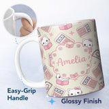 Personalized Custom Name Cute Kawaii Maths Cat Calculator Ruler Seamless Pattern Cream Lovely 11oz Ceramic Coffee Tea Mug White Large Handle