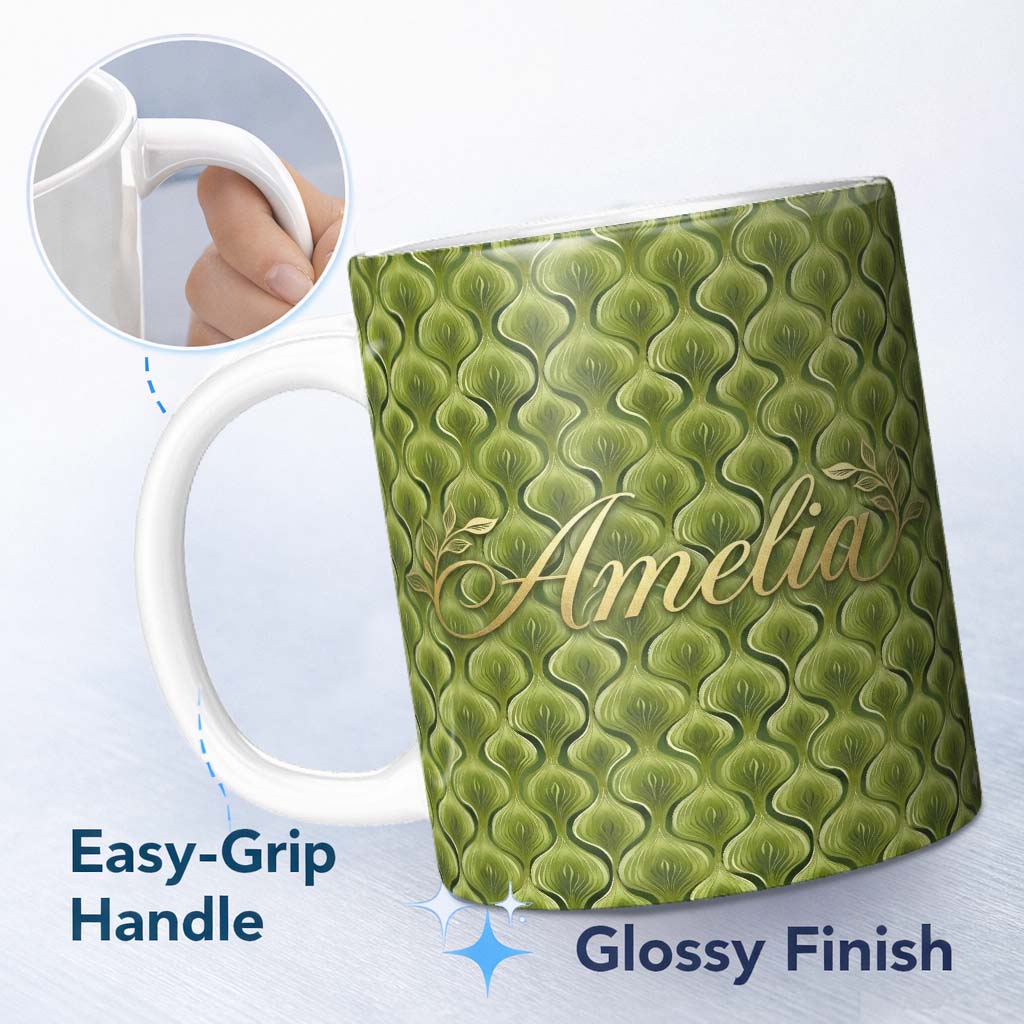 Personalized Custom Name Classic Olive Green Ornamental Motif Seamless Pattern on Cream 11oz Ceramic Coffee Tea Mug White Large Handle