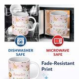 Personalized Custom Name Cute Baby Safari Animals Giraffe Lion Elephant Leopard Blush Pink 11oz Ceramic Coffee Tea Mug White Large Handle