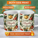 Personalized Custom Name Elegant Christmas Baubles Pine Branches Bows and Snowflake Elements 11oz Ceramic Coffee Tea Mug White Large Handle