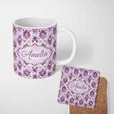 Personalized Custom Name Purple and Lilac Tribal Aztec Geometric Seamless Pattern Lovely 11oz Ceramic Coffee Tea Mug White Large Handle