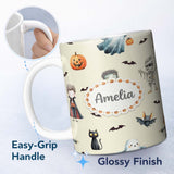 Personalized Custom Name Halloween Zombie Mummy Vampire and Bat Characters Cream Background 11oz Ceramic Coffee Tea Mug White Large Handle