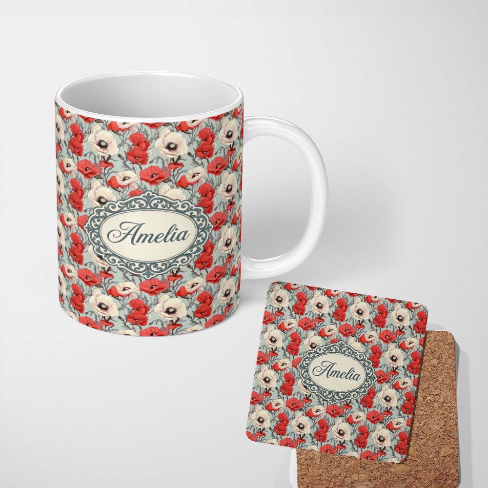 Personalized Custom Name Red and White Poppy Botanical Vintage Seamless Pattern Lovely 11oz Ceramic Coffee Tea Mug White Large Handle