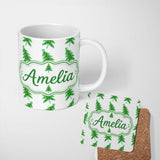 Personalized Custom Name Simple Green Christmas Trees with Yellow Lights Minimal Seamless 11oz Ceramic Coffee Tea Mug White Large Handle