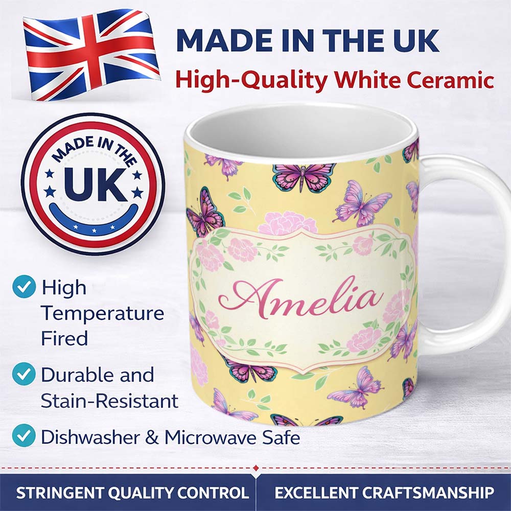 Personalized Custom Name Galaxy Butterfly Neon Pink Blue Dark Space Seamless Pattern Lovely 11oz Ceramic Coffee Tea Mug White Large Handle