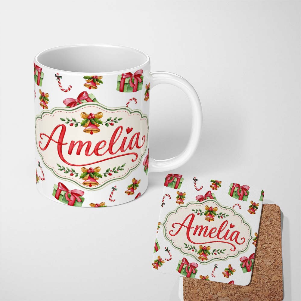 Personalized Custom Name Watercolor Christmas Gift Box Candy Cane Bell Seamless Pattern 11oz Ceramic Coffee Tea Mug White Large Handle