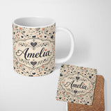 Personalized Custom Name Delicate Hand Drawn Heart and Botanical Sketch Seamless Pattern 11oz Ceramic Coffee Tea Mug White Large Handle