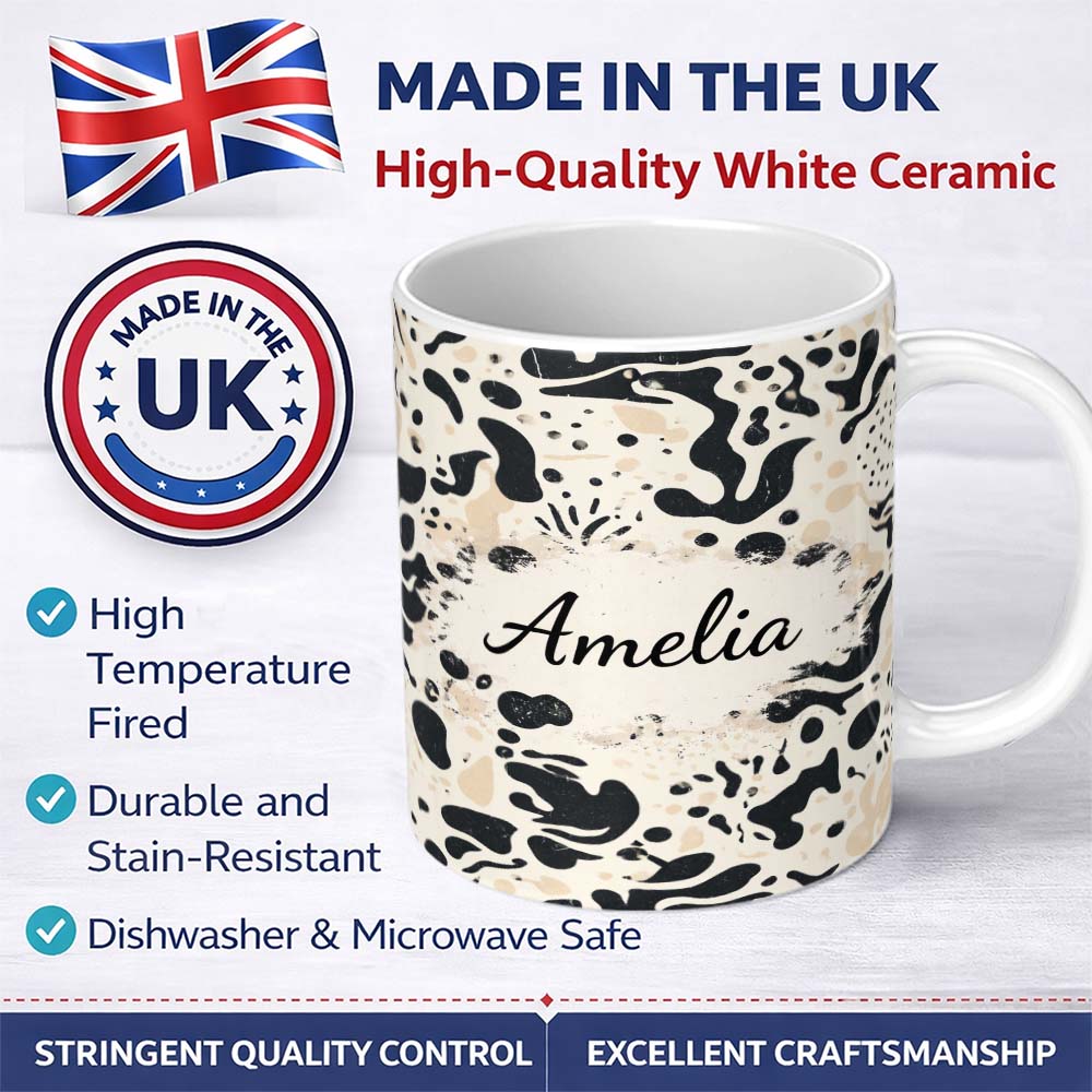 Personalized Custom Name Abstract Organic Blobs Black Beige Modern Artistic Pattern Lovely 11oz Ceramic Coffee Tea Mug White Large Handle