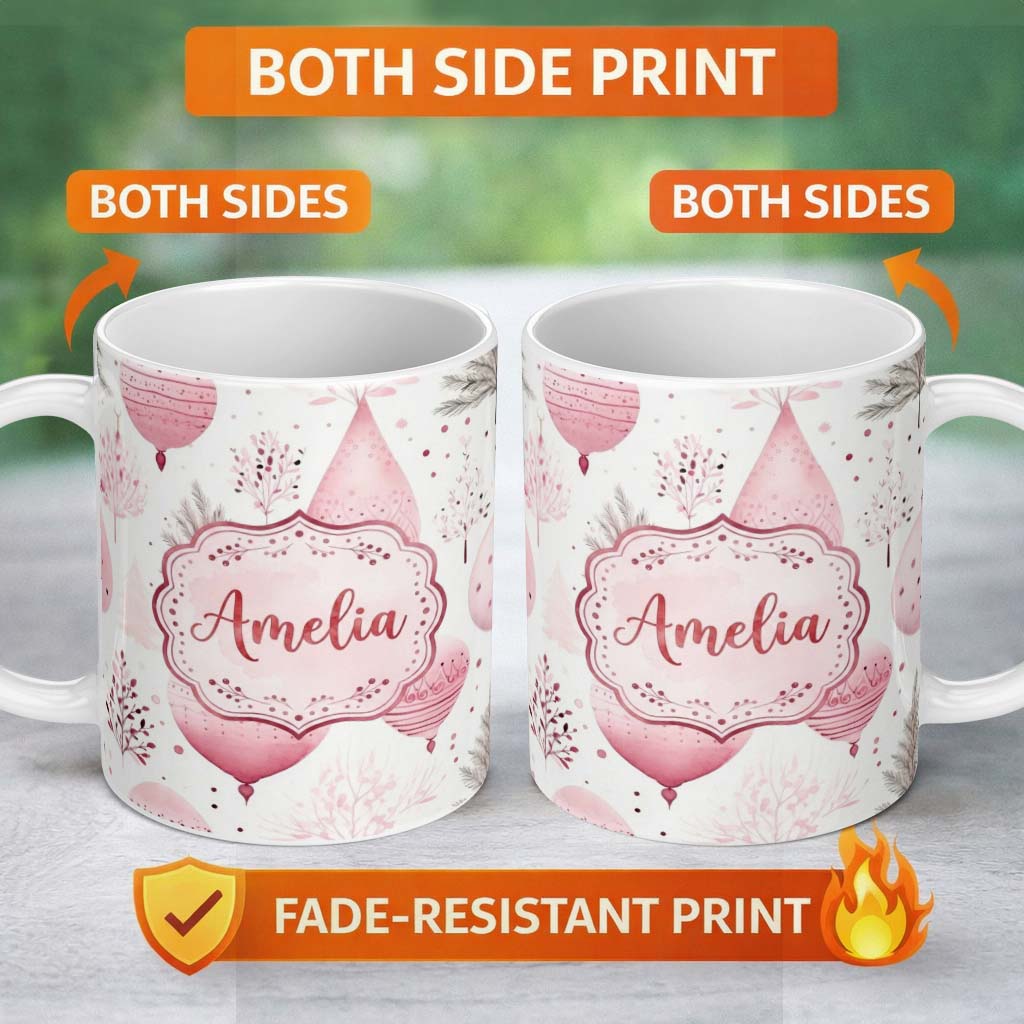 Personalized Custom Name Soft Pink Christmas Baubles Botanical Seamless Pattern Lovely 11oz Ceramic Coffee Tea Mug White Large Handle