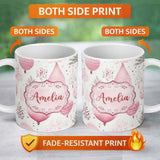 Personalized Custom Name Soft Pink Christmas Baubles Botanical Seamless Pattern Lovely 11oz Ceramic Coffee Tea Mug White Large Handle