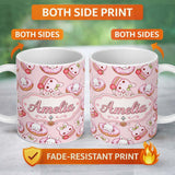 Personalized Custom Name Cute Kawaii Bunny Donuts Strawberry Dessert Pattern Blush Pink 11oz Ceramic Coffee Tea Mug White Large Handle