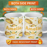 Personalized Custom Name Cute Kawaii Tacos and Wraps Cream Background Seamless Pattern Name 11oz Ceramic Coffee Tea Mug White Large Handle