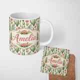 Personalized Custom Name Elegant Desert Cactus Blooming Flowers Botanical Seamless Pattern 11oz Ceramic Coffee Tea Mug White Large Handle