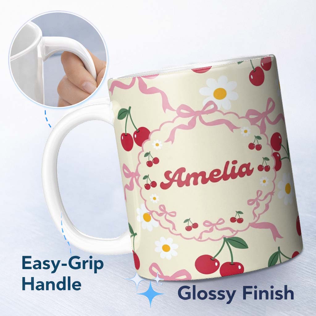 Personalized Custom Name Cute Cherry and Daisy Flowers with Pink Ribbon Bows Pattern Cream 11oz Ceramic Coffee Tea Mug White Large Handle