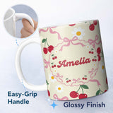 Personalized Custom Name Cute Cherry and Daisy Flowers with Pink Ribbon Bows Pattern Cream 11oz Ceramic Coffee Tea Mug White Large Handle