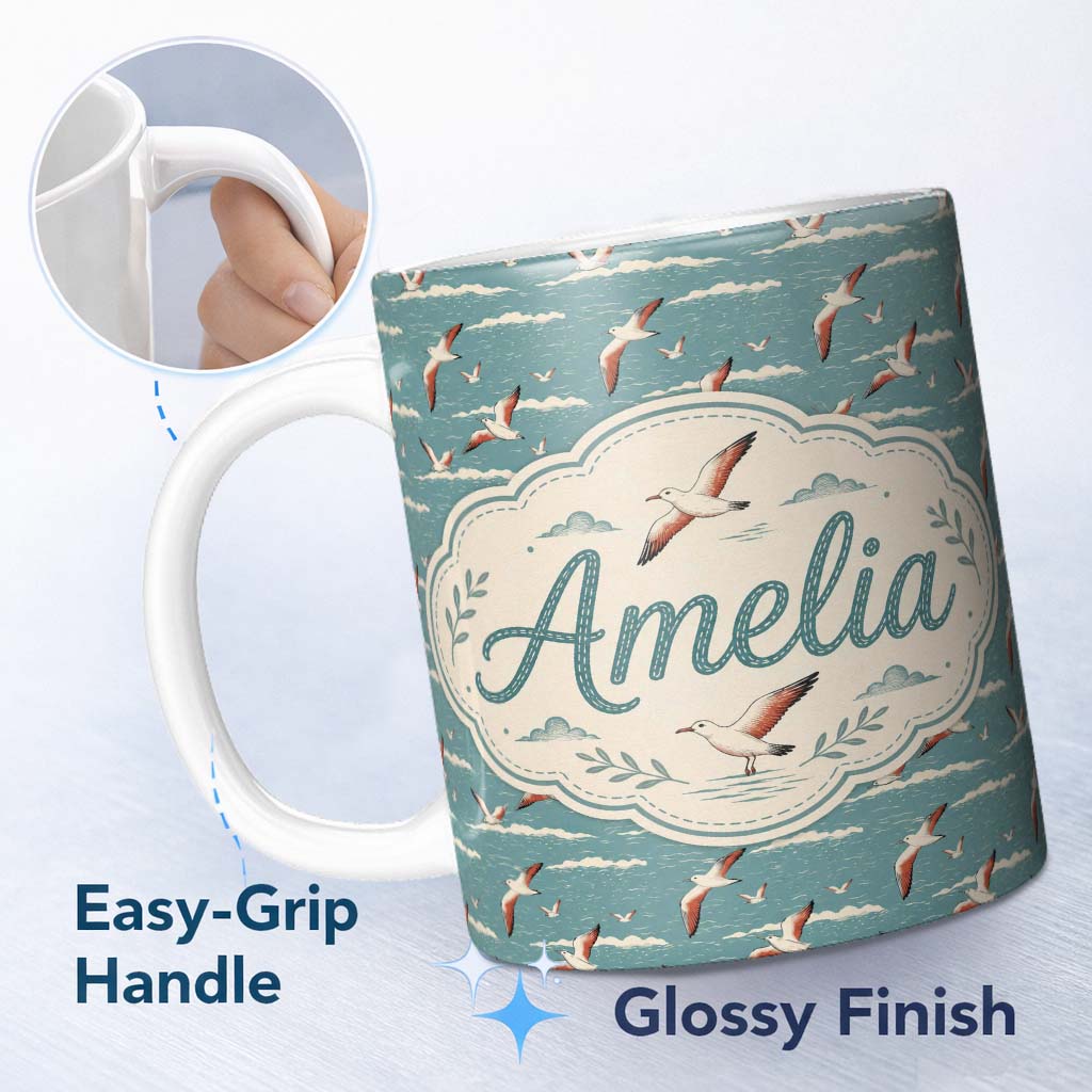 Personalized Custom Name Flying Seagulls Over Ocean Waves Style Seamless Pattern Lovely 11oz Ceramic Coffee Tea Mug White Large Handle