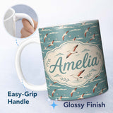Personalized Custom Name Flying Seagulls Over Ocean Waves Style Seamless Pattern Lovely 11oz Ceramic Coffee Tea Mug White Large Handle
